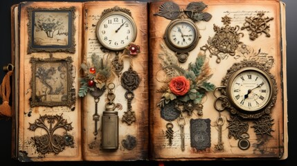 vintage clock and christmas decorations, junk journal pages with vintage Christmas design, generative ai