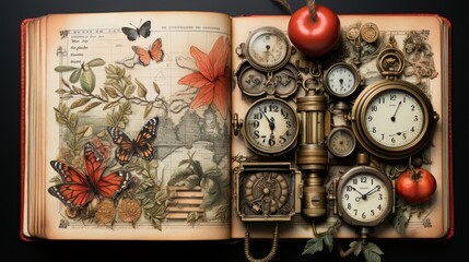 vintage clock and christmas decorations, junk journal pages with vintage Christmas design, generative ai