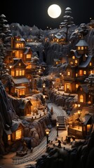 view of the city, christmas village in warm light and with snow, generative ai