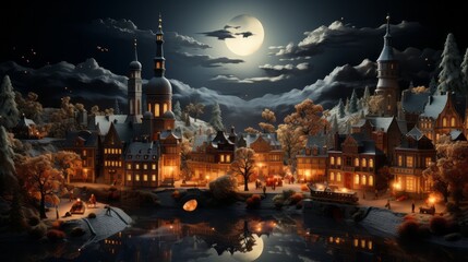 view of the city, christmas village in warm light and with snow, generative ai