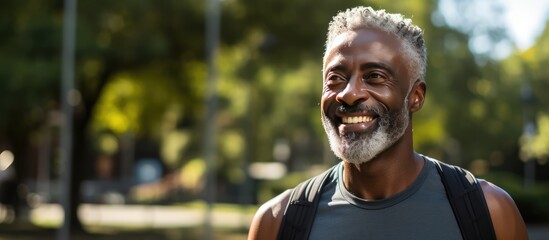 Elderly man improves fitness outdoors by stretching and smiling during summer workouts - obrazy, fototapety, plakaty