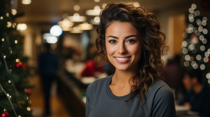 Fototapeta premium portrait of a business woman, positive american nurse woman standing in Christmas decorated hospital, generative ai