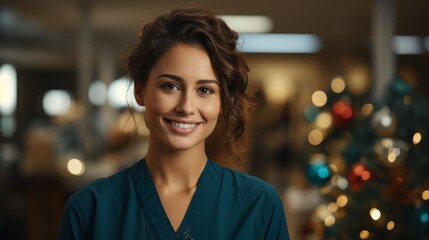 portrait of a business woman, positive american nurse woman standing in Christmas decorated hospital, generative ai