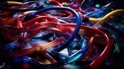 An array of colorful cables snakes its way across the floor, connecting a variety of technological devices - obrazy, fototapety, plakaty
