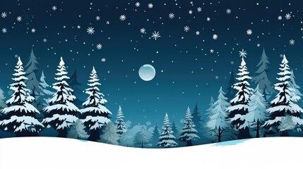 Night dark Forest winter landscape with fir trees on starry sky background. Moody botanical atmosphere illustration. Dreamy wallpaper for Christmas or New Year greetings.