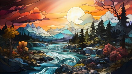 Fototapeta premium sunset in the mountains, simple stained glass window with landscape, generative ai