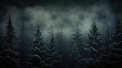 Fototapeten Night dark Forest winter landscape with fir trees on starry sky background. Moody botanical atmosphere illustration. Dreamy wallpaper for Christmas or New Year greetings. © Oksana Smyshliaeva