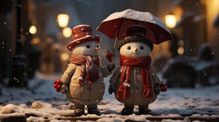 Obraz premium snowman in the snow, christmas card with a snowmans in a village, generative ai
