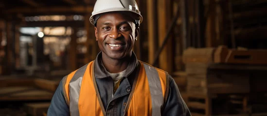 Poster A black construction worker with a clipboard helps manage building and inspection efforts on a job site The construction worker and inspector have a smiling portrait An engineer oversees the © AkuAku