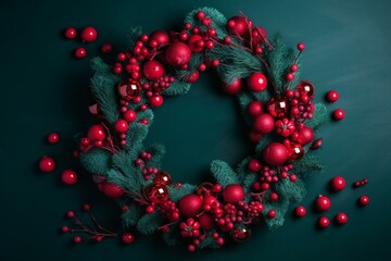 festive wreath with green foliage and red ornaments. Generative AI