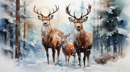 deer in snow, raindeers in a snowy forest, generative ai