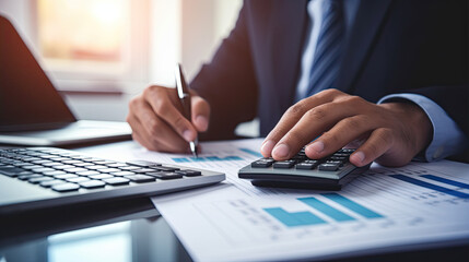 Business hands, calculator and planning of finance, accounting and check profit, sales or revenue in office bokeh.  - obrazy, fototapety, plakaty