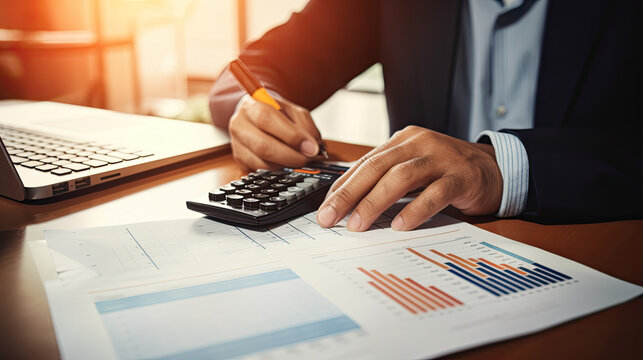 Business hands, calculator and planning of finance, accounting and check profit, sales or revenue in office bokeh. 
