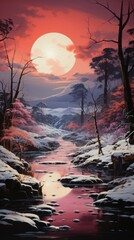 sunset in the mountains, winter sunrise in snowy mountains, generative ai