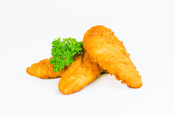 Fast food. Breaded Chicken Inner Fillet on a White Background,Chicken Breaded Raw Meat. Fast cooking. Breaded chicken nuggets. Homemade food at home. Chicken Breaded Fillet.