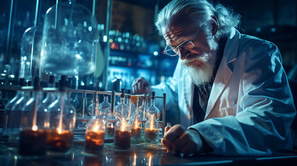 A focused scientist in a laboratory, wearing a lab coat and conducting experiments with scientific equipment - obrazy, fototapety, plakaty
