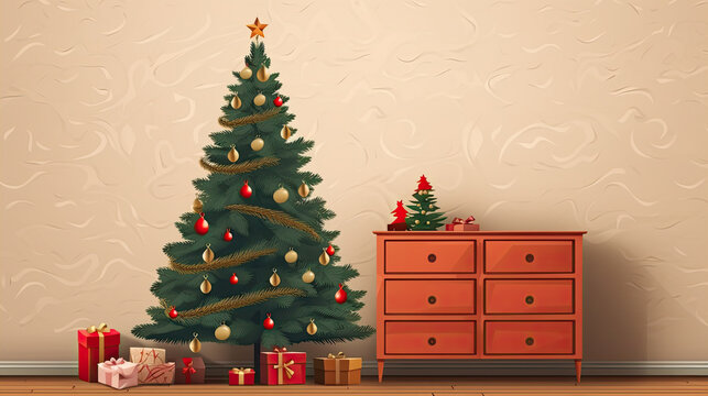 illustration of a Scandinavian style Christmas interior with a dresser 