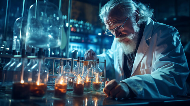 A Focused Scientist In A Laboratory, Wearing A Lab Coat And Conducting Experiments With Scientific Equipment