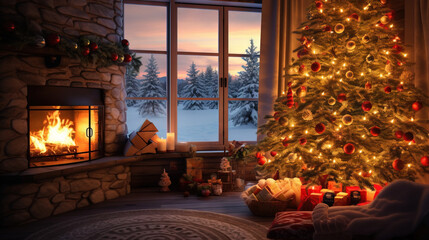 Cozy living room with fireplace with christmas tree and decorations. Christmas Background