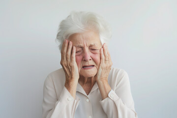 Senior old stressed woman suffering from headache, depression, grief