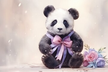 Watercolor panda toy with bow. Generative AI
