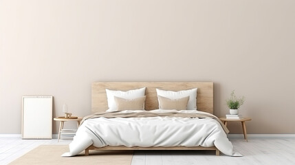 Fototapeta na wymiar Modern beige bedroom with empty whate wall for mockups. Wooden double bed with pillows, cozy furniture. Room interior with copyspace.