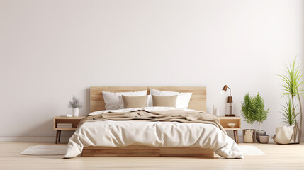 Fototapeta na wymiar Modern beige bedroom with empty whate wall for mockups. Wooden double bed with pillows, cozy furniture. Room interior with copyspace.