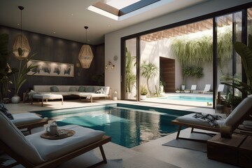 3D style living room design next to the swimming pool for relaxation. Generative AI
