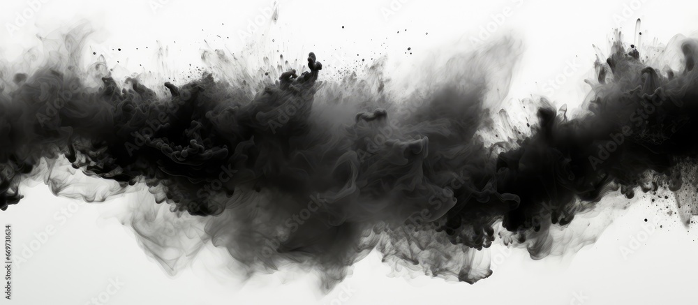 Poster abstract overlay of black particles exploding on a white backdrop forming a dust texture