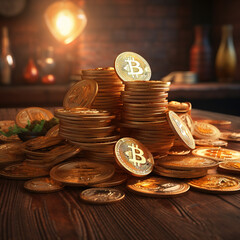 a lot of bitcoin on a table