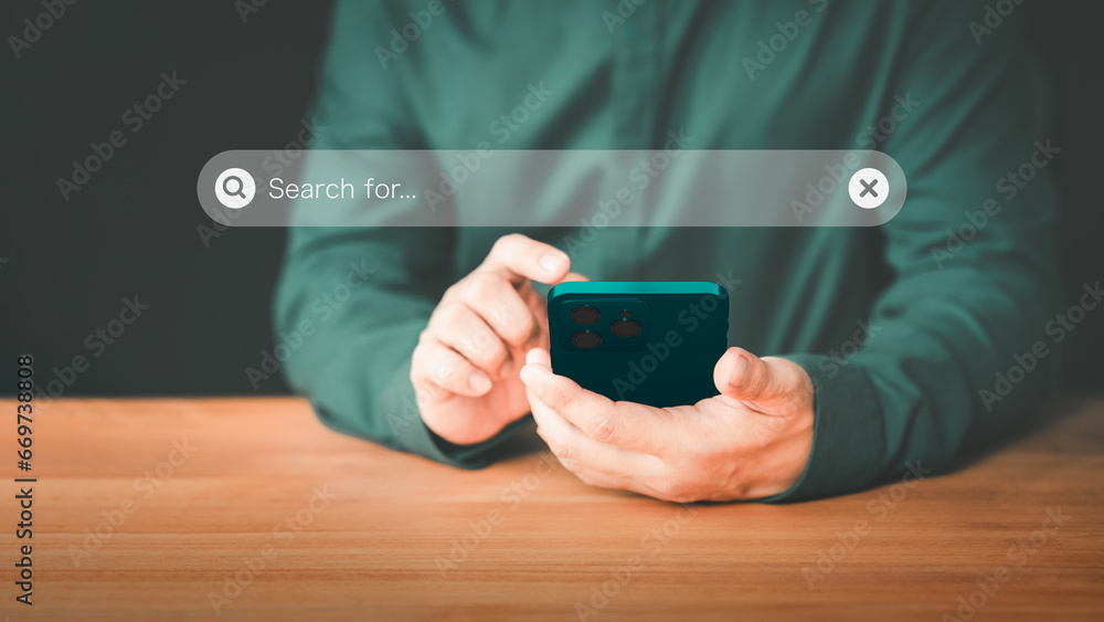 Poster User using a smartphone clicking internet search bar accessing homepage. SEO technology networking engine optimization internet with search bar. Searching browsing internet data information concept.