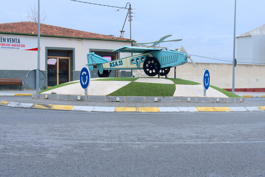 February 2022 - Ibi, Alicante, Spain. R.S.A.33 airplane, scaled from 1955 legendary antique toy manufactured in the town, located in Ibi, town of toys