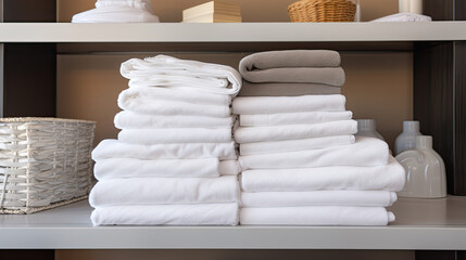 Fototapeta na wymiar Tidy stacks of white linens including bed sheets towels and other necessary items in hospitalityTidy 
