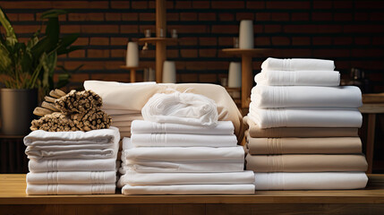 Fototapeta na wymiar Tidy stacks of white linens including bed sheets towels and other necessary items in hospitalityTidy 