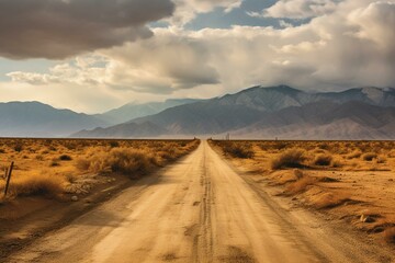 Fototapeta na wymiar A desert road with distant mountains. Generative AI