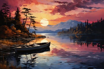 colorful sunset on the lake, oil painting, art watercolor