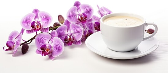 Isolated white cup with purple orchid flower