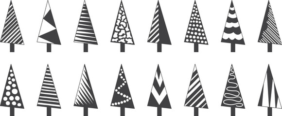 Christmas tree, fir and pine doodle, xmas sketch vector icon, New Year hand drawn set isolated on white background. Modern holiday illustration
