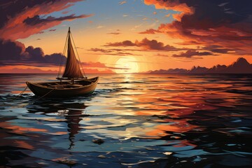 Original oil painting of boats and sea on canvas. Sunset over ocean. Modern Impressionism