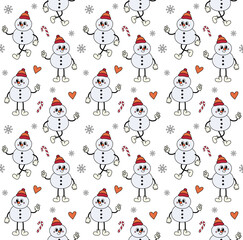 Vector seamless pattern of groovy retro cartoon snowman isolated on white background