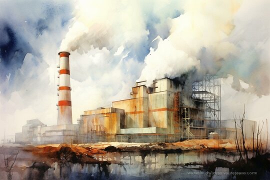Watercolor-style artwork of a coal-fired power station depicting the concept of global warming. Generative AI