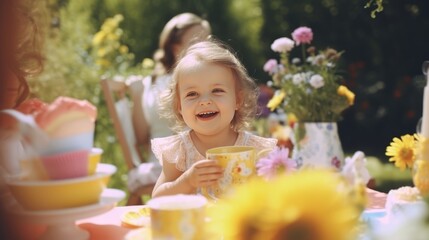 Cute little girl having tea party with her family in the summer garden