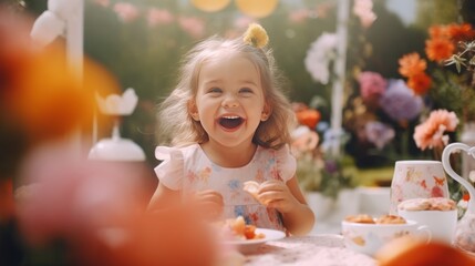 Cute little girl eating cake on the table in the garden.