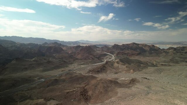 Aerial descending above Mojave Desert and Lake Mead Recreation Area.