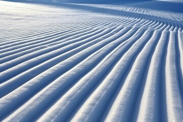 Close-up rows of groomed ski slope piste. Generative AI - obrazy, fototapety, plakaty