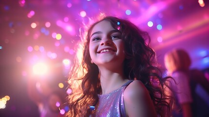 Portrait of a beautiful girl dancing in a nightclub with confetti