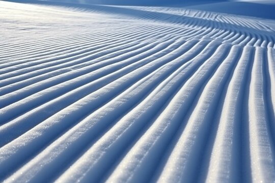 Close-up rows of groomed ski slope piste. Generative AI