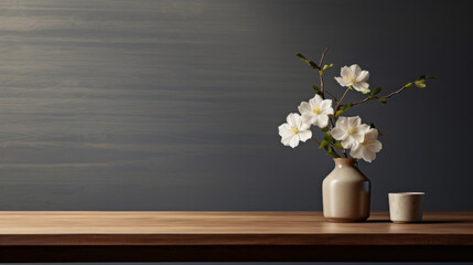 A wooden table, with a dark gray, textured top, and a single, white flower in a vase