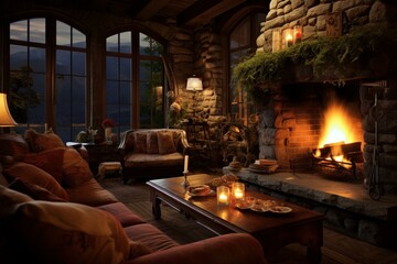 Cozy lounge with romantic fireplace. Generative AI