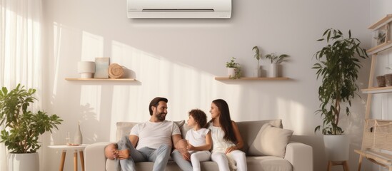 Contented family relaxing under AC unit on neutral wall at residence - Powered by Adobe